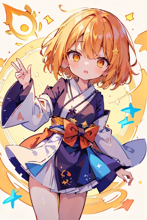 1 girl,(asymmetric hairstyle:1.3),(orange:1.2),(Hair cut only on the left side:1.4),((wizard's robe:1.2)),(japanese wear), ((opening a magic book)),(background with twinkling stars:1.35),waving in the wind,(shylily face),((Super high quality:1.5))