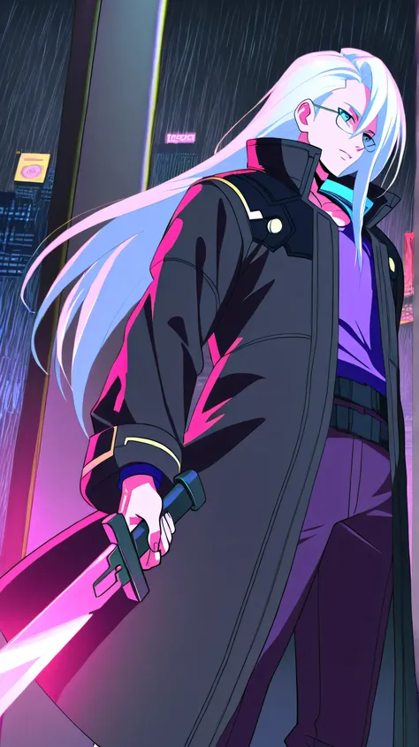 (Anime-style character):
A long-haired man with white hair and blue eyes, wearing glasses, a purple shirt, and a plain long dark black coat. catwalk style, holding a small but long, razor-sharp, gleaming sword, beside his hand and ready to strike. The back...