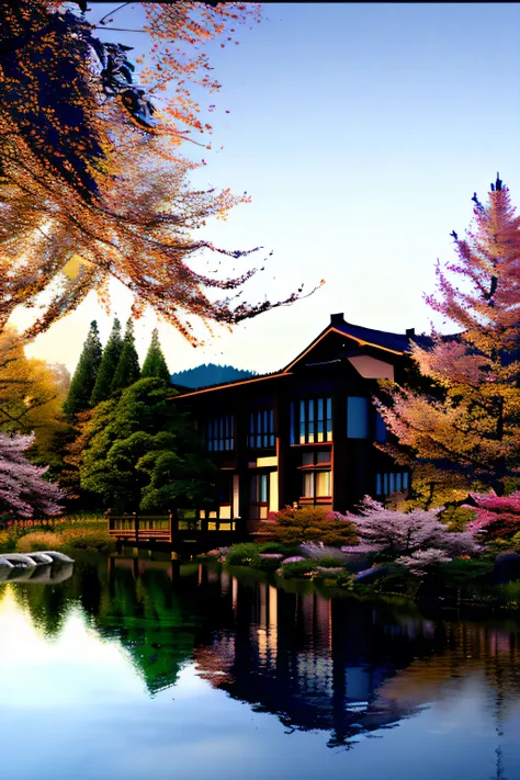 Traditional Japanese house by a quiet lake under full moonlight, warm light glowing from within, surrounded by red maple trees and white-barked branches, vivid autumn colors, reflection perfectly mirrored on calm water, misty air and starry sky, small wood...