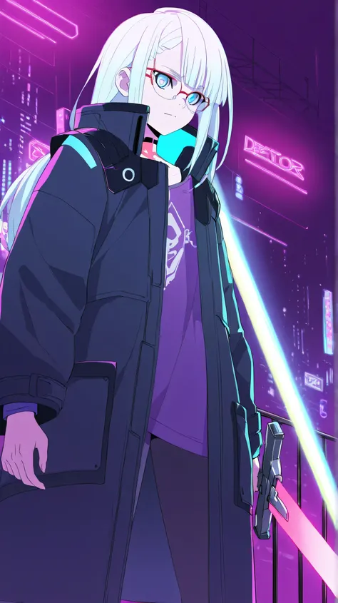 (Anime-style character):
A long-haired man with white hair and blue eyes, wearing glasses, a purple shirt, and a plain long black coat resembling a doctor's coat. He walks with a graceful, catwalk-like stride, holding a small but long, razor-sharp, gleamin...