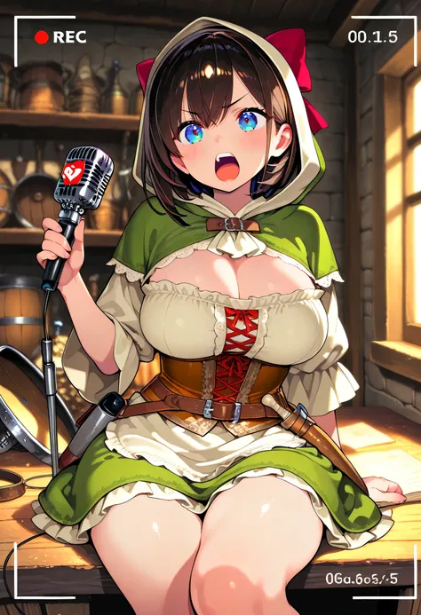 niece、(((big )))、Medieval RPG Room、Village Musume's Roomwear from medieval RPG、(shouting into a recording microphone placed on a desktop)、pop guard、