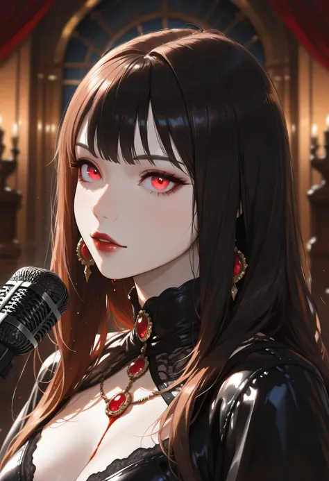 a comics anime portrait of  female vampire broadcasting a podcast from her room in her goth castle, (blood is dripping from the microphone: 1.1), a beautiful female vampire, buxom, wearing  intricate black leather dress, delicate dress, small cleavage, pal...