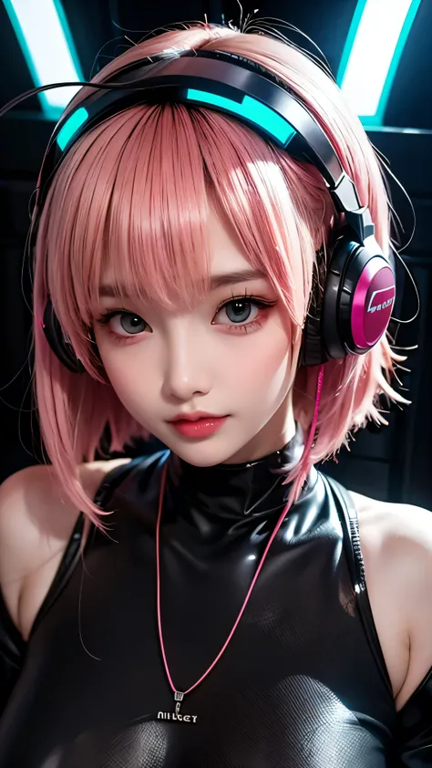 A Japanese girl with bright pink hair and glowing blue eyes, wearing futuristic headphones and a stylish black choker, recording a podcast in a neon-lit cyber studio. She speaks into a large desktop microphone. (talking), Behind her: colorful soundwave equ...