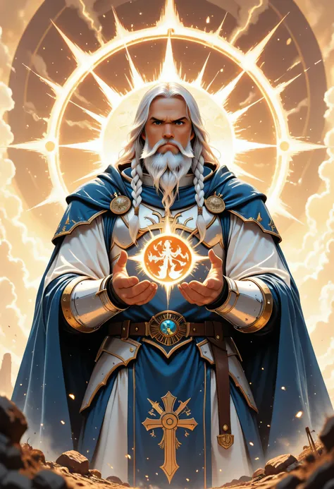 a comics anime portrait of  a male, dwarf, cleric, paladin, casting a spell ,wearing heavy white armor with spikes ,  blue cloak with sun symbol, flowing, holy symbol, long hair , white hair, long braided beard, there is a red strands in the beard, frown, ...