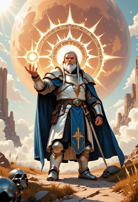 a comics anime portrait of  a male, dwarf, cleric, paladin, casting a spell ,wearing heavy white armor with spikes ,  blue cloak with sun symbol, flowing, holy symbol, long hair , white hair, long braided beard, there is a red strands in the beard, frown, ...