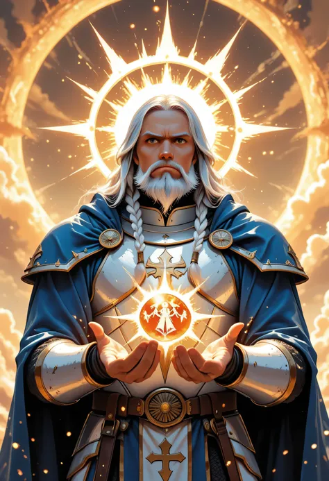 a comics anime portrait of  a male, dwarf, cleric, paladin, casting a spell ,wearing heavy white armor with spikes ,  blue cloak with sun symbol, flowing, holy symbol, long hair , white hair, long braided beard, there is a red strands in the beard, frown, ...