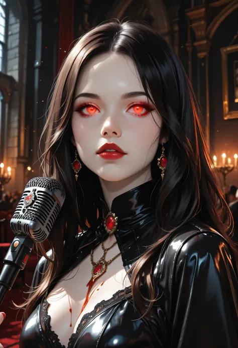 a comics anime portrait of female vampire broadcasting a podcast from her room in her goth castle, (blood is dripping from the microphone: 1.1), a beautiful female vampire, buxom, wearing intricate black leather dress, delicate dress, small cleavage, pal...