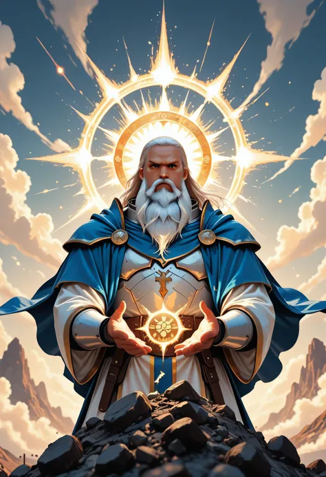 a comics anime portrait of  a dwarf, male, cleric, paladin, casting a spell ,wearing heavy white armor with spikes ,  blue cloak with sun symbol, flowing, holy symbol, long hair , white hair, long  beard, there is a red strands in the beard, frown, serious...