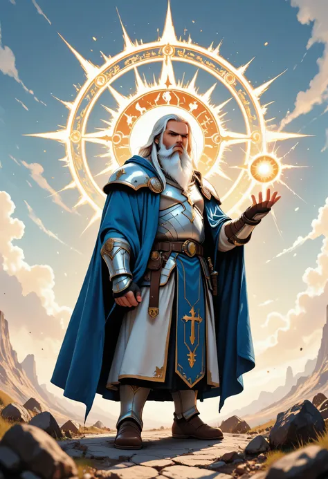 a comics anime portrait of  a dwarf, male, cleric, paladin, casting a spell ,wearing heavy white armor with spikes ,  blue cloak with sun symbol, flowing, holy symbol, long hair , white hair, long  beard, there is a red strands in the beard, frown, serious...