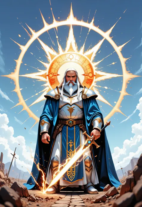 a comics anime portrait of  a dwarf, male, cleric, paladin, casting a spell ,wearing heavy white armor with spikes ,  blue cloak with sun symbol, flowing, holy symbol, long hair , white hair, long  beard, there is a red strands in the beard, frown, serious...