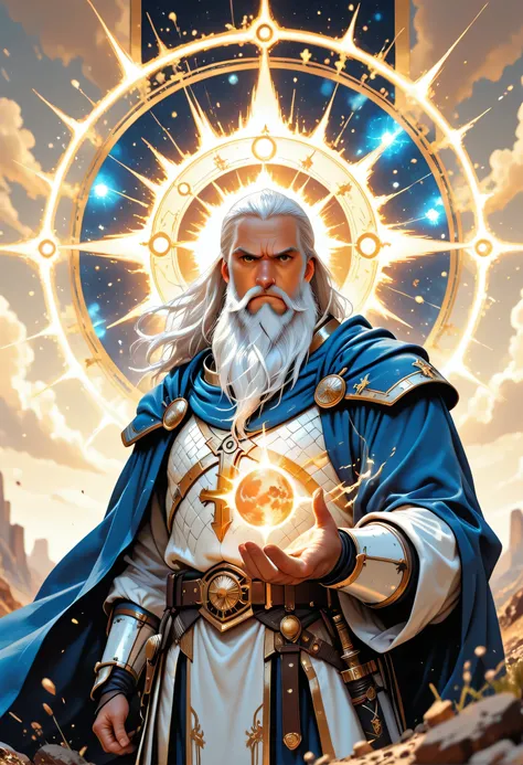 a comics anime portrait of  a dwarf, male, cleric, paladin, casting a spell ,wearing heavy white armor with spikes ,  blue cloak with sun symbol, flowing, holy symbol, long hair , white hair, long  beard, there is a red strands in the beard, frown, serious...