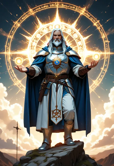 a comics anime portrait of a dwarf, male, cleric, paladin, casting a spell ,wearing heavy white armor with spikes , blue cloak with sun symbol, flowing, holy symbol, long hair , white hair, long beard, there is a red strands in the beard, frown, serious...