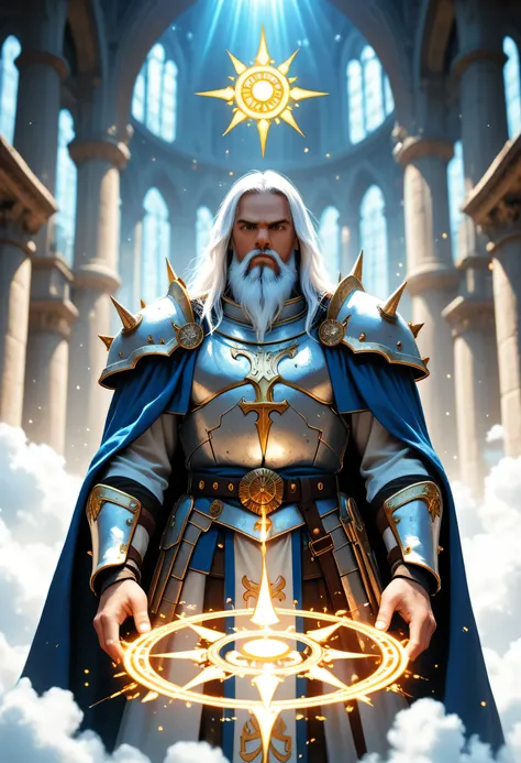 a comics anime portrait of a dwarf, male, cleric, paladin, casting a spell ,wearing heavy white armor with spikes , blue cloak with sun symbol, flowing, holy symbol, long hair , white hair, long beard, there is a red strands in the beard, frown, serious...