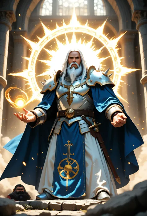 a comics anime portrait of a dwarf, male, cleric, paladin, casting a spell ,wearing heavy white armor with spikes , blue cloak with sun symbol, flowing, holy symbol, long hair , white hair, long beard, there is a red strands in the beard, frown, serious...