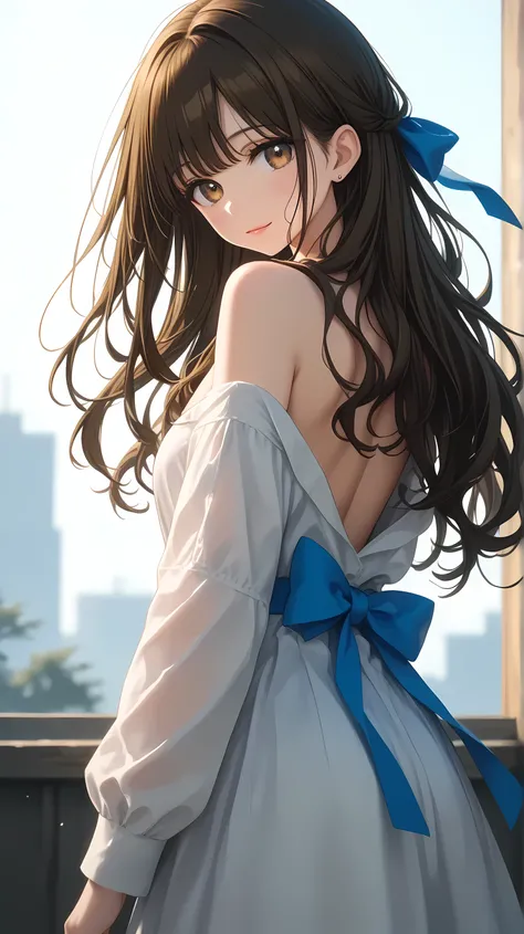 masterpiece, best quality, 1girl, long brown hair tied with a blue ribbon, brown eyes, standing on hilltop with back to viewer, white dress sliding slightly off shoulder, bare back partially visible, wind pulling at fabric and ribbon, looking over her shou...