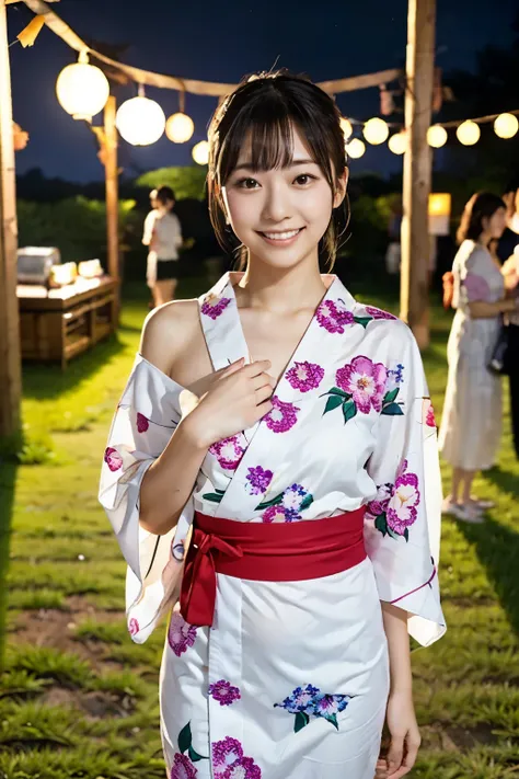 At a summer festival venue in Japan at night, under the decorations of paper lanterns, a young-looking Japanese woman is brightly lit, wearing a yukata with a floral pattern that is shorter than the knees, looking at the camera with a happy expression and...