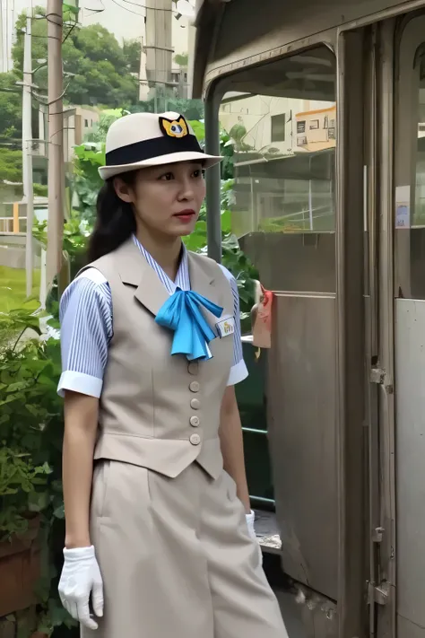 (masterpiece:1.2, Top quality:1.2), 32kHDR, high resolution, (solos、One girl on a rest day)、（ Daytime building roof  、professional writing）、With the roof of the building in the background 、（JR WOMAN Train Crew Uniform Beige Real Style）、（（JR Women Train Cre...