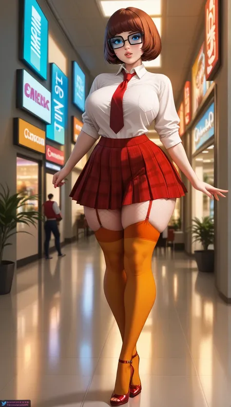 (velma dinkley), (full body),  a woman, Big breasts, thick thighs, sexy pose, beautiful, full lips, blue eyes, bangs, (sexy schoolgirl costume: tight white blouse with red tie, red plaid mini skirt and pleated), fishnet stockings with garter straps, stilet...