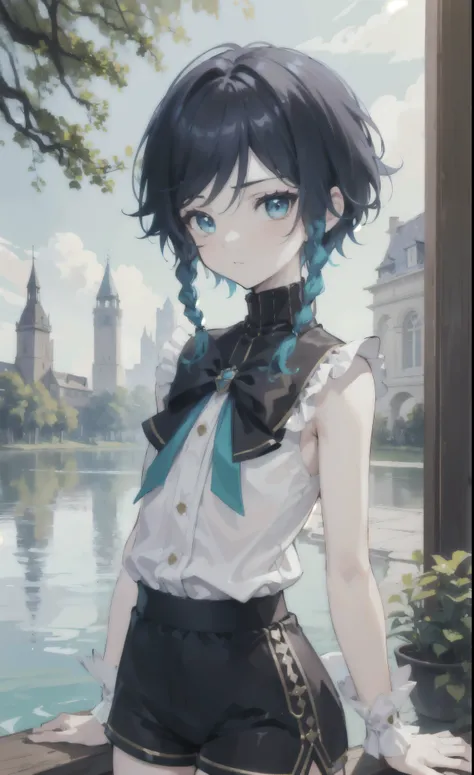 (masterpiece), (best quality), (ultra detailed), (Venti), 1boy, upper body, blushing, sexy look, near a tower, a pond, flat chest, short hair, detailed hair, side braids, sleeveless turtleneck shirt, high waisted shorts, close up, buttons, black, red