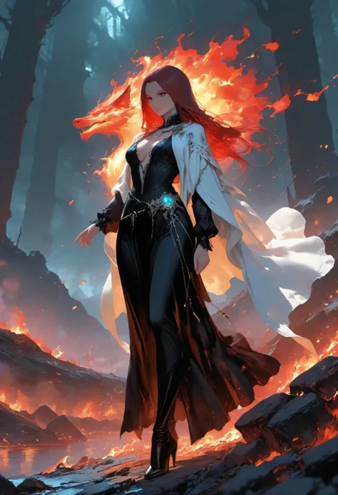 julie bell style art, a sorceress casting a fire spell in magical library, exquisite beautiful human woman, red hair, long hair, black dress, intricate dress, silk dress, small cleavage, white cloak, high heeled boots, high details, best quality, 16k, ult...