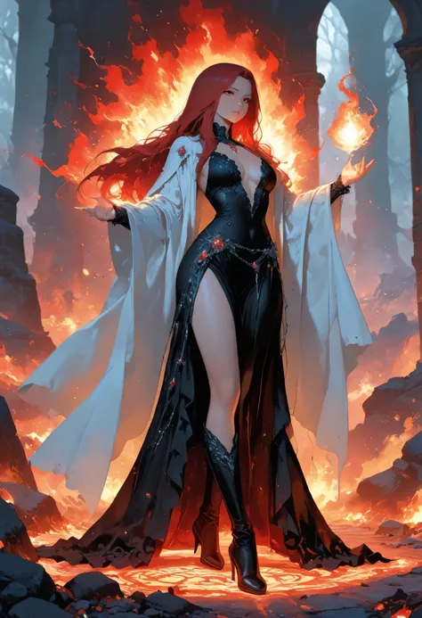 julie bell style art, a sorceress casting a fire spell in magical library, exquisite beautiful human woman, red hair, long hair, black dress, intricate dress, silk dress, small cleavage, white cloak, high heeled boots, high details, best quality, 16k, ult...