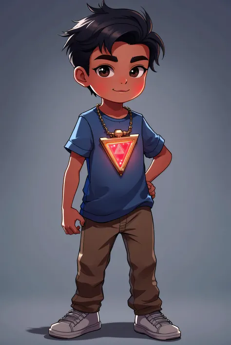A indian young boy wearing a triangular locket device in his neck, red glow futuristic triangular front, device colour is gold and silver. The boy wearing blue-white shirt with brown trousers and white shoes. Brown-black hair