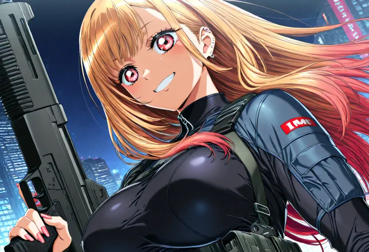 (Yokota Mamoru style),masterpiece, Top quality, Newest, high resolution, 1 girl,stare at the viewers,Charming smile,(portrait :1.uper Detailed,1girl,Marin Kitagawa,((masterpiece)),(Top quality),(high resolution),16 kg,(tight clothes),I'm wearing tactical c...