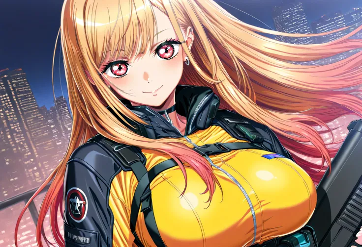 (Yokota Mamoru style),masterpiece, Top quality, Newest, high resolution, 1 girl,stare at the viewers,Charming smile,(portrait :1.uper Detailed,1girl,Marin Kitagawa,((masterpiece)),(Top quality),(high resolution),16 kg,(tight clothes),I'm wearing tactical c...