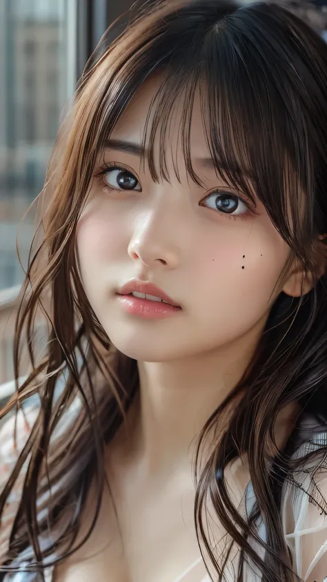 ((cleavage)), (masterpiece:1.3), (8k, photorealistic, RAW photos , best quality : 1.4), Japanese , ( one girl ), beautiful faces, ( Realistic Face), ( black hair), Beautiful hairstyle, Realistic eyes, beautiful eyes in every detail , (realistic ski...