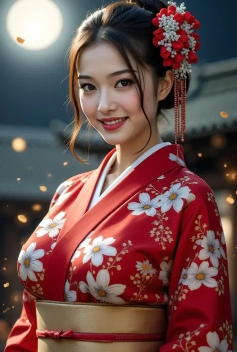 ultra-realistic, 8k, very detailed 、realistic画像生成、 photography、Full body photo in a Japanese dress、 has big eyes、 eyebrows and eyelashes are also finely generated 、japanese woman、 fine skin、 tight waist 、Thin anklesです 、realistic、Midnight Moon 、 big full ...