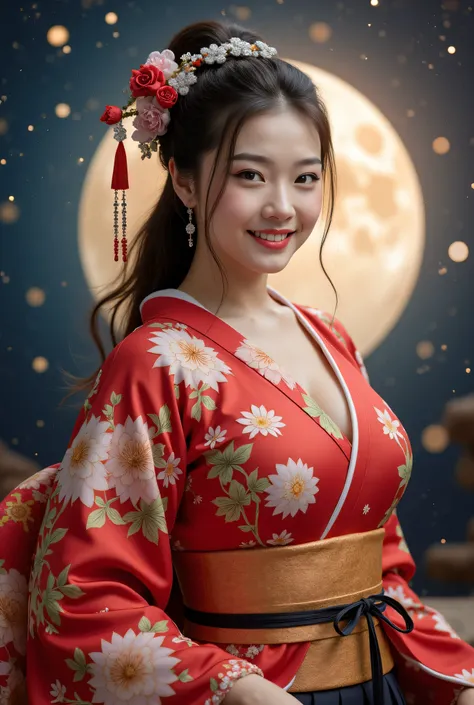 ultra-realistic, 8k, very detailed 、realistic画像生成、photoshoot、full body photo、Fine-grained eyebrow and eyelash generation、Japanese women、Fine skin is shiny々、 tight waist 、Thin anklesです 、realistic、Midnight Moon 、big full moon with full background、Moonlight...