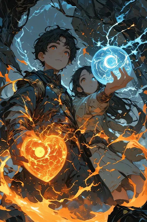the boy holds a pulsing molten dragon heart with glowing ember veins,
the girl holds a hovering crystal sphere wrapped in floating sigils and sparkles