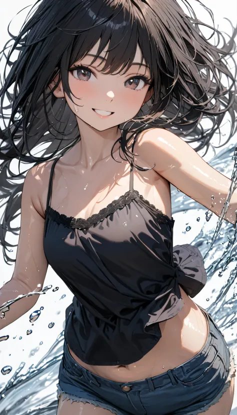 masterpiece, best quality, ultra-detailed, 8k, high resolution, Bold Composition, white background, (floating water), splashes, Delicate and Dynamic, 1 girl, Smiling, textured skin, Shiny Black Hair, young, short height, camisole, Denim Shorts