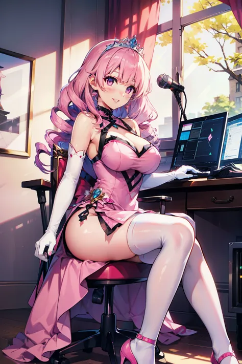 high quality,4K real,detailed description,Top quality,Studio Lighting,Clear Focus,physics-based rendering,Detailed Description,Vivid Color Scheme,Big Pink Twin Drill,cat-like tree eyes ,white skin,purple eyes,Shining eyes,Cute girls,very large breasts,deco...