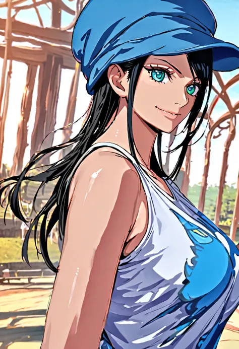 
completed_120%,completed_130%,completed_150%,Nico Robin, 1femel, solo, solo focus, t-shirt, black bikini panty, Wide-brimmed female hat, sneakers, large breasts, thick thighs, slim west, smile, outdoors, park, standing, portrait, (best quality), (ultra de...