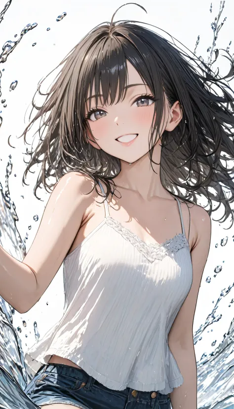 masterpiece, best quality, ultra-detailed, 8k, high resolution, Bold Composition, white background, (floating water), splash, delicate and dynamic, 1 girl, Smiling, textured skin, Shiny Black Hair, younger, Camisole, Denim Shorts