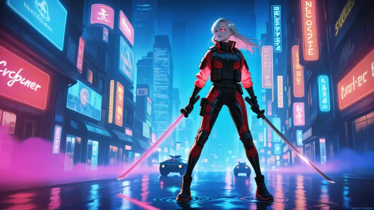 Anime-style cyberpunk city at night, neon-lit skyscrapers, wet streets reflecting vibrant lights, holographic billboards and futuristic flying vehicles, glowing fog in pink and blue hues. In the center stands a cybernetic woman with silver hair, one cybern...