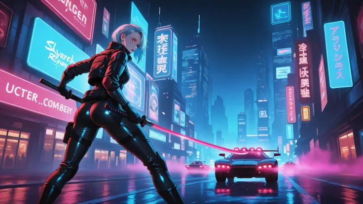 Anime-style cyberpunk city at night, neon-lit skyscrapers, wet streets reflecting vibrant lights, holographic billboards and futuristic flying vehicles, glowing fog in pink and blue hues. In the center stands a cybernetic woman with silver hair, one cybern...