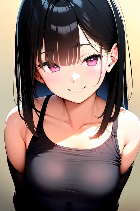 first-person view, UHD, (((masterpiece, textured skin))), (super detail), high details, high quality, ((best quality)), A cheerful young Japanese girl with straight, silky black hair down to her shoulders, smiling brightly and winking playfully. Soft, smoo...