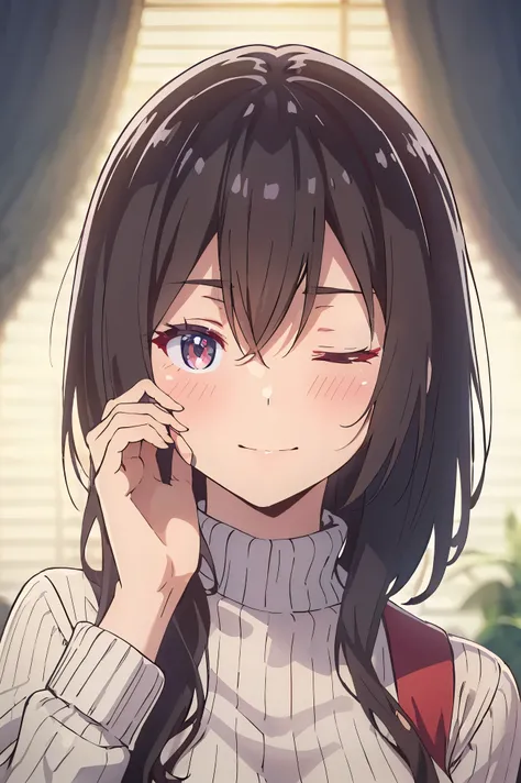 first-person view, UHD, (((masterpiece, textured skin))), (super detail), high details, high quality, ((best quality)), A cheerful young Japanese girl with straight, silky black hair down to her shoulders, smiling brightly and winking playfully. Soft, smoo...