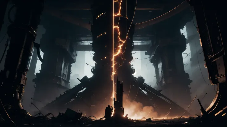 50mm lens,blame, tsutomu nihei, by tsutomu nihei,movie,Close up view of a dark underground biomechanical core scene,The center of the picture is a column wrapped around a vine cable,Structural corrosion and aging,Some cables emit a faint golden glow,Surrou...