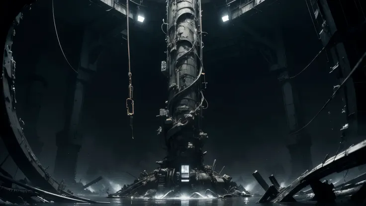 50mm lens,blame, tsutomu nihei, by tsutomu nihei,movie,Close up view of a dark underground biomechanical core scene,The center of the picture is a column wrapped around a vine cable,Structural corrosion and aging,Some cables emit a faint golden glow,Surrou...