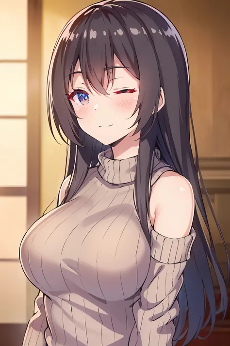 first-person view, UHD, (((masterpiece, textured skin))), (super detail), high details, high quality, ((best quality)), A cheerful young Japanese girl with straight, silky black hair down to her shoulders, smiling brightly and winking playfully. Soft, smoo...