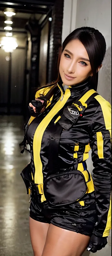 ( VERY REAL ), ( Top quality), ((round, SMALL AND PRECISE FACE )),black gloves, clock,Dark Eyes,short shorts,black shorts, boots, gloves,Jacket,shorts, dark haired ,big , big , Adult Female , Her breasts are so big and plump, Her breasts are so bi...