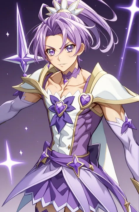 score 9 、score 8 up、score 7 up、source anime、傑作、Best quality、Best resolution、anime coloring、1boy、cure sword、(male:1.5)、purple haired male character is wearing a purple dress、high short ponytail hair、spade shape hair ornament、solo、portrait of magical boy、boy...