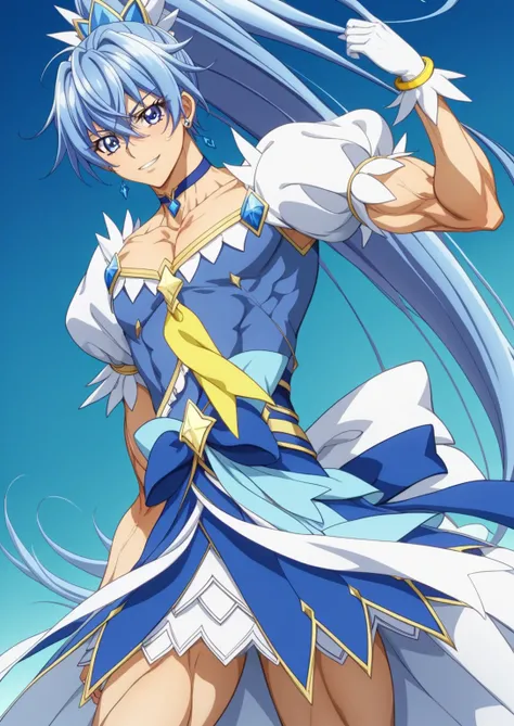 score 9 、score 8 up、score 7 up、source anime、傑作、Best quality、Best resolution、anime coloring、1boy、cure diamond、(male:1.5)、blue haired male character is wearing a blue dress、high long ponytail hair、dia shape hair ornament、solo、portrait of magical boy、boy is w...