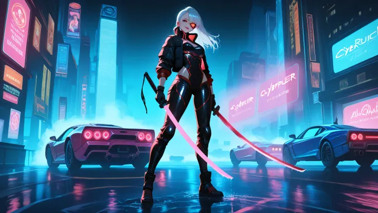 Anime-style cyberpunk city at night, neon-lit skyscrapers, wet streets reflecting vibrant lights, holographic billboards and futuristic flying vehicles, glowing fog in pink and blue hues. In the center stands a cybernetic woman with silver hair, one cybern...