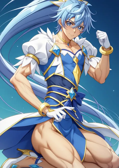 score 9 、score 8 up、score 7 up、source anime、傑作、Best quality、Best resolution、anime coloring、1boy、cure diamond、(male:1.5)、blue haired male character is wearing a blue dress、high long ponytail hair、dia shape hair ornament、solo、portrait of magical boy、boy is w...