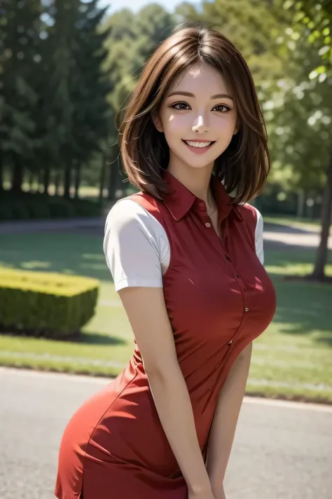 (masterpiece, Top Quality, high resolution, surreal, perfect pixels, 4K), 1girl, solo, beautiful face, mature, brown eyes, eyelashes, realistic eyes, grin, (Smooth Texture: 0.75, realistic texture: 0.65, realistic:1.1), middle Breasts, dynamic angle, pe...