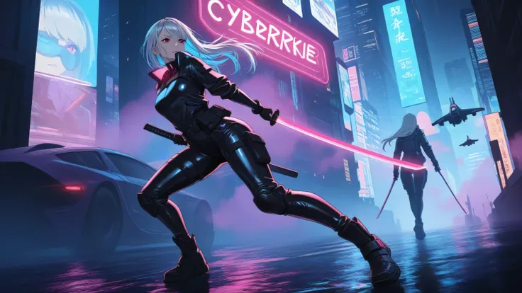 Anime-style cyberpunk city at night, neon-lit skyscrapers, wet streets reflecting vibrant lights, holographic billboards and futuristic flying vehicles, glowing fog in pink and blue hues. In the center stands a cybernetic woman with silver hair, one cybern...